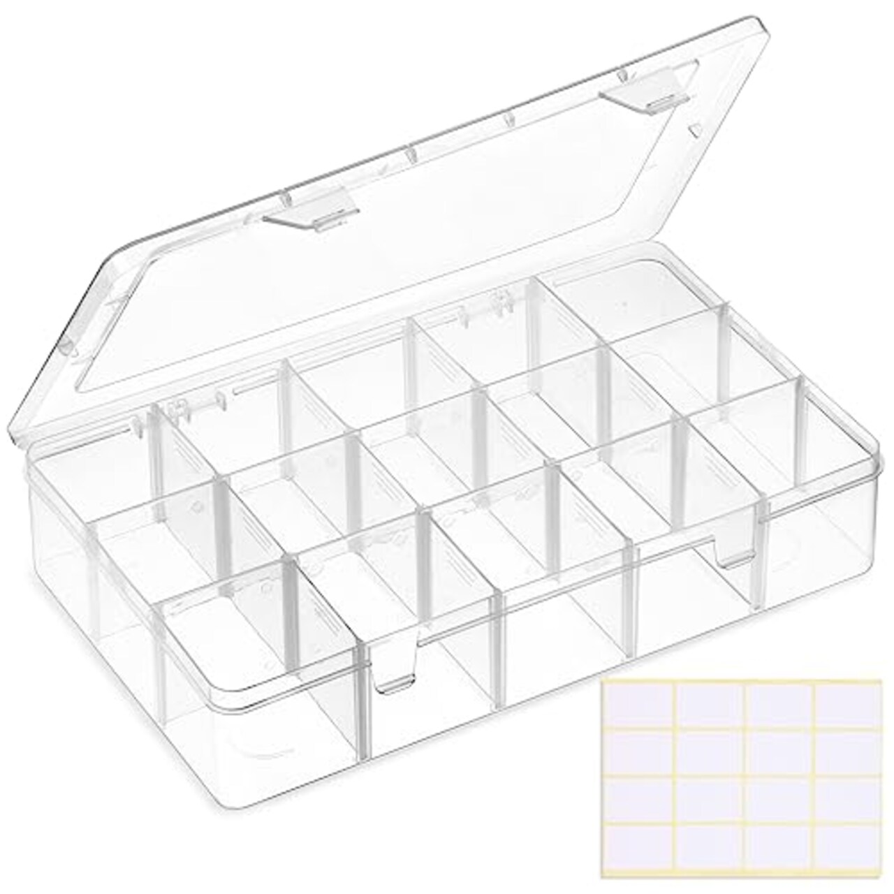 SGHUO 15 Grids Large Clear Plastic Organizer Storage Box Container Craft  Storage with Adjustable Dividers for Beads, Art DIY, Crafts, Jewelry,  Fishing Tackle with Label Stickers